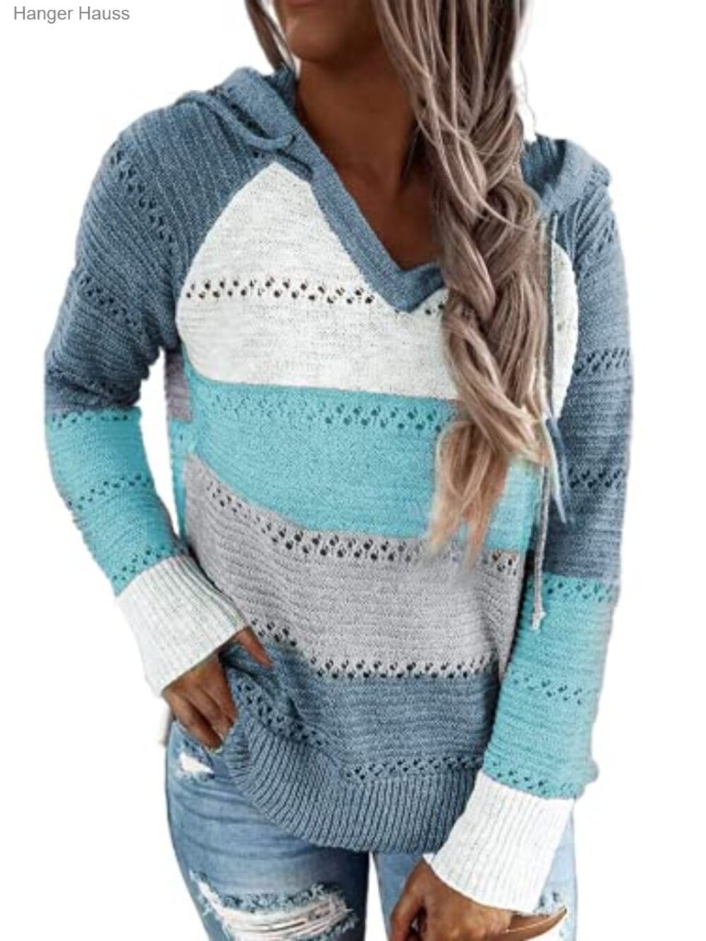 Striped Color Block V Neck Knit Hoodie Sweater Long Sleeve Plus Size Casual
